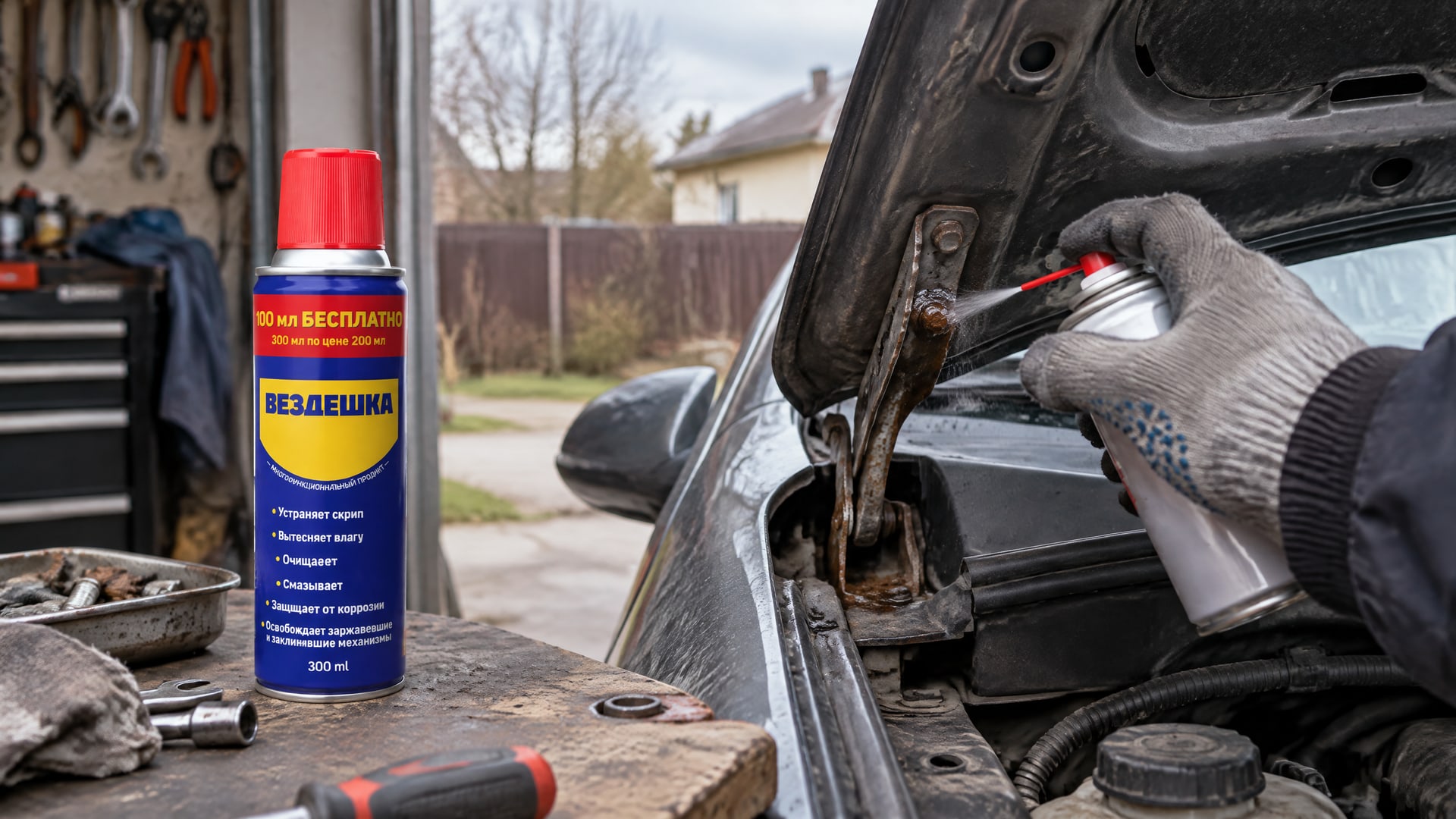 Рука в перчатке смазывает петли капота автомобиля универсальной смазкой WD-40.