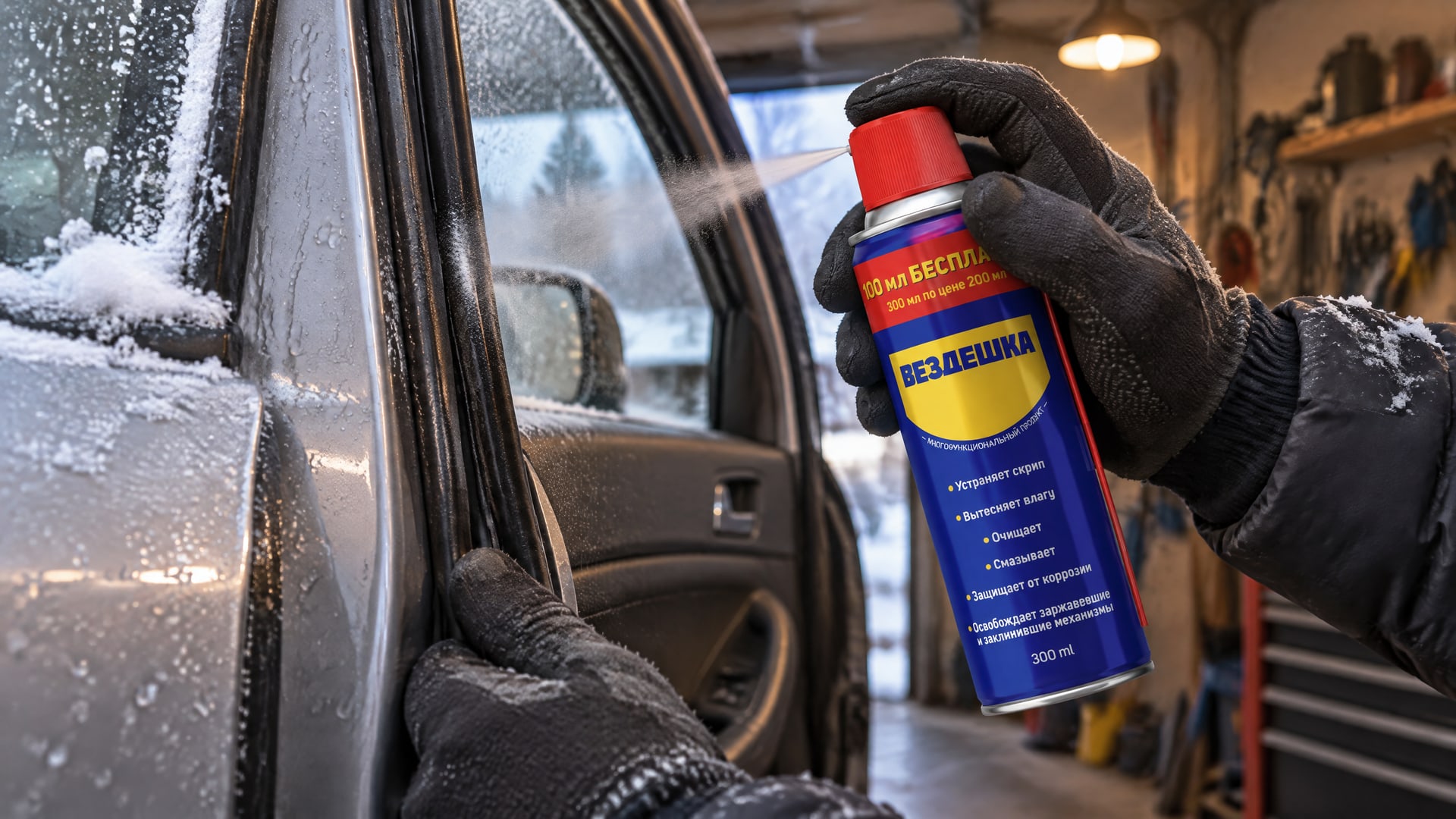 Рука в перчатке наносит универсальную смазку WD-40 на уплотнители.