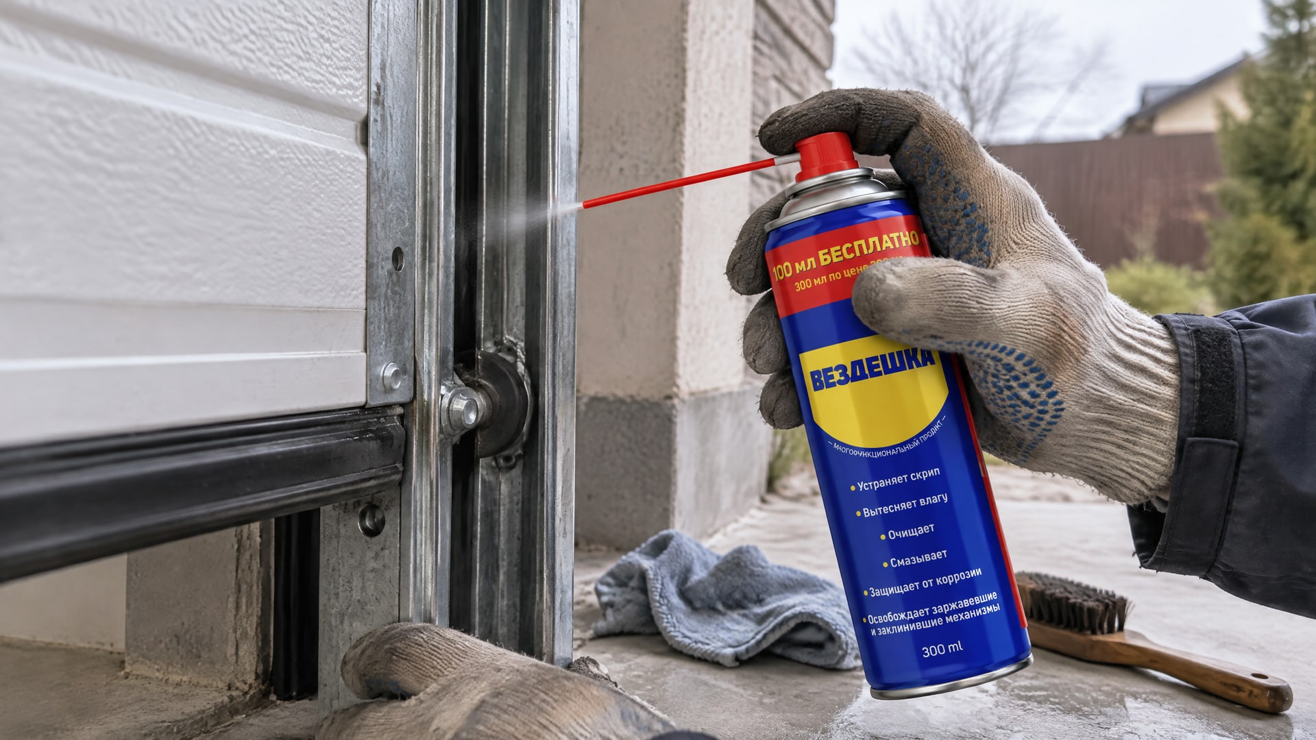Рука в перчатке наносит универсальную смазку wd-40 на направляющую гаражных ворот.