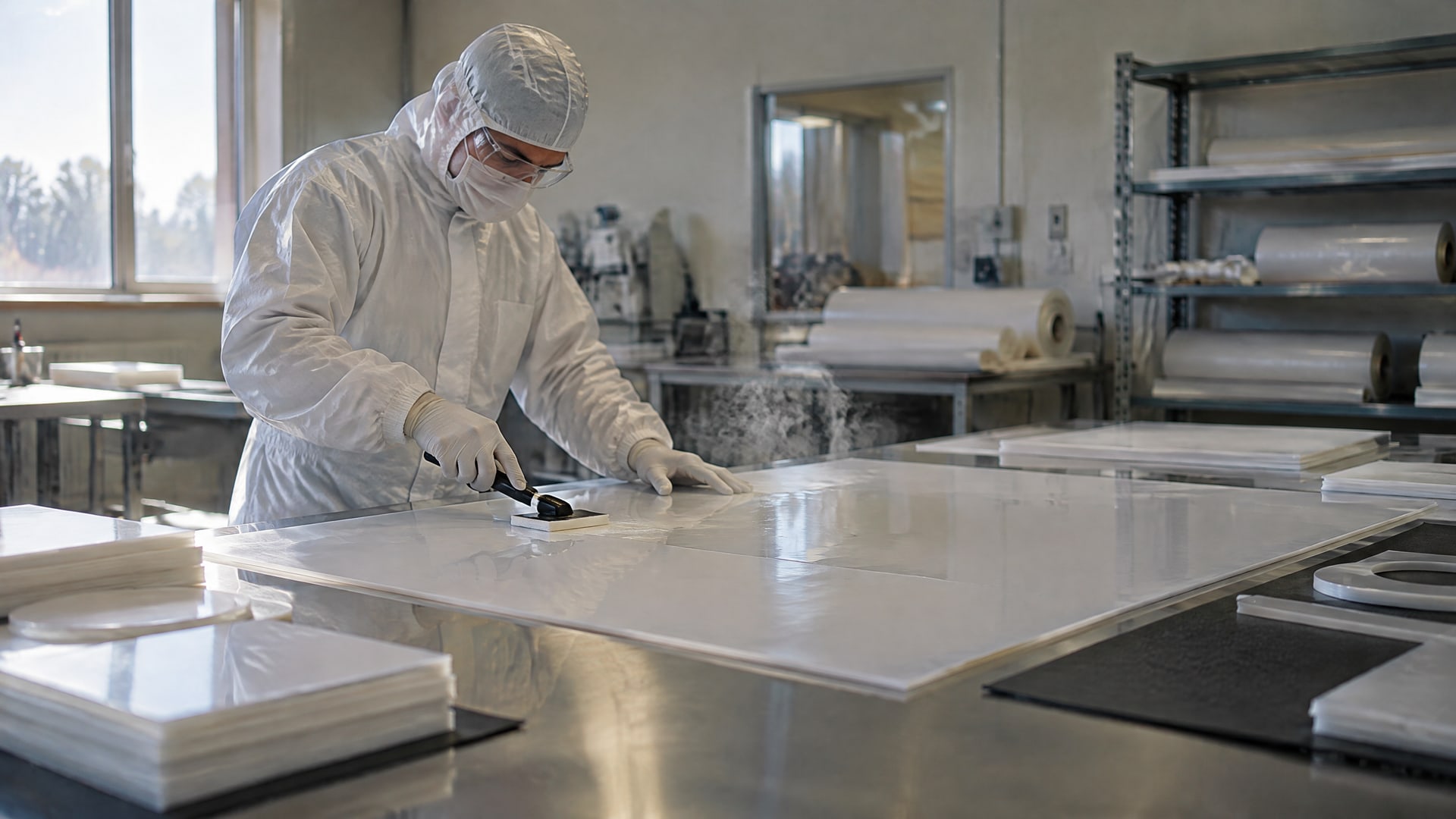 Инженер аккуратно обрабатывает поверхность листа PTFE, используя фторуглеродный травитель tetra-etch цена.